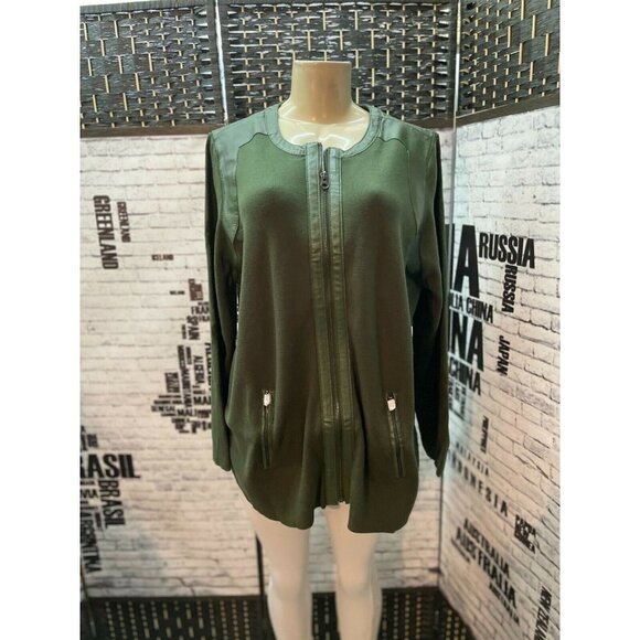 Jessica London Plus 22/24 Green Zip Leather Trim Long Sleeve Cardigan Sweater - Picture 1 of 6